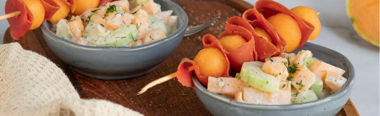 Rezept der Woche: Melonen-Gurken-Salat mit Melonen-Schinken-Spieß